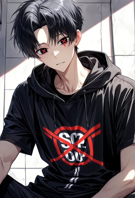 (solo), (handsome), (1 male, short hair), (20 years old), (black hair andcenter parted bangs), (black eyes), (black hoodie and white t-shirt), (best), (high), (score 9), (x shaped pupils), (red_pupils)