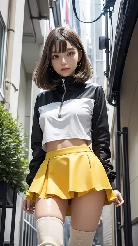 (( Viewpoint from directly below:1.2))、((layer skirt:1.2))、pull-half-zip leather blouson、(thigh-high:1.3 Heel Boots )、 straight medium hair 、 blond hair、 Natural Wave 、Medium breast、 skinny body、Earrings、 standing leaning against a wall、 gaze to God、random...