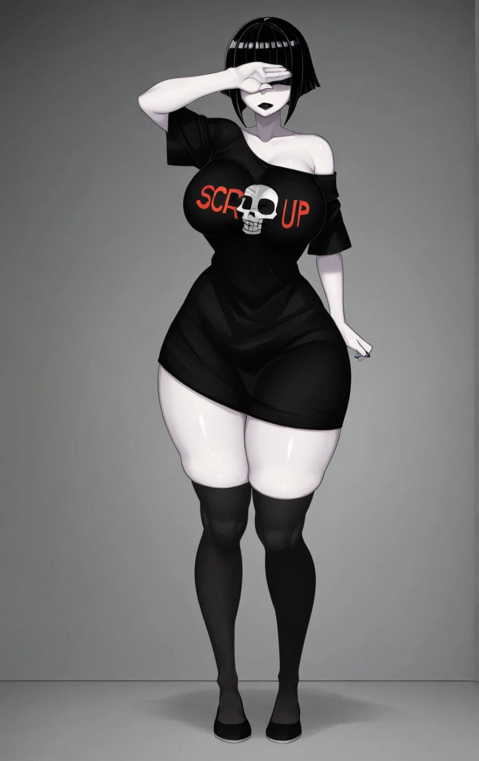 1girl,goth, fair skin, hair bangs covering her eyes, black lipstick, short bob hairstyle, large breasts, thick thighs, wide hips, oversized black t shirt, black thigh highs, small black slip on flats, flats shoes, standing up