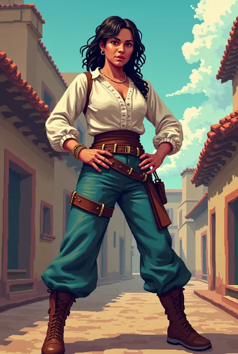 Image of Josefa Ortiz in the form of a video game such as.  Pixeliated but not so much more like karate video games without losing the traits of the historical heroine 