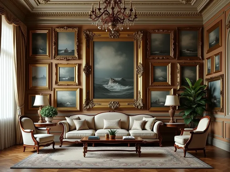 hyperrealistic image of the wall of a large Paris-style living room, full of antique frames 
and inside the canvases are chroma key