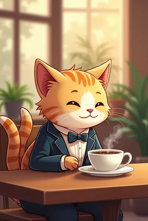 " A small cat dressed in a formal suit and bow tie,  sitting on a wooden table holding a cup of coffee , cozy cafe background with warm light ,  Cartoon Style ."