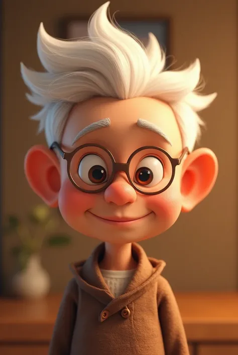 Man's animation, with white hair,  tender face, not so big white ears,  and round glasses  