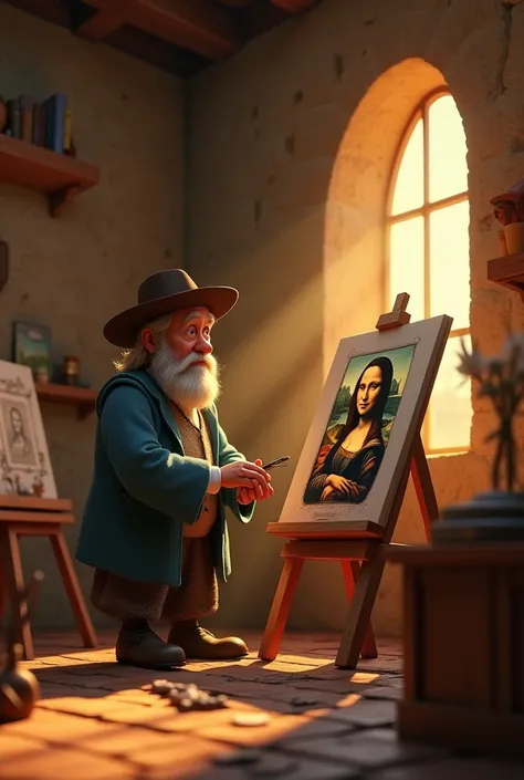 "A highly detailed, cinematic 3D scene in the whimsical, Pixar-inspired style, depicting Leonardo da Vinci sketching the Mona Lisa in his workshop. The scene features expressive character animation, capturing deep concentration and artistic genius with lif...