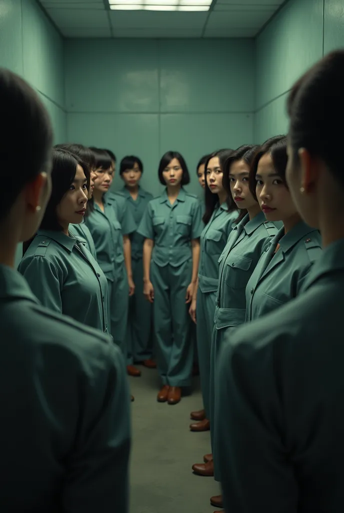  10 Asian women in prisoner uniforms are lined up　60s female　Police officers standing in front of them HD 