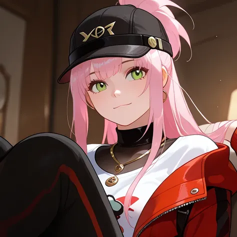 strong white woman with long straight pink hair tied back, Black sport cap with red details, green eyes and a slightly square shaped face, light smile, red jacket large and White long t-shirt and dark black bodystocking cropt a golden necklace on neck and ...