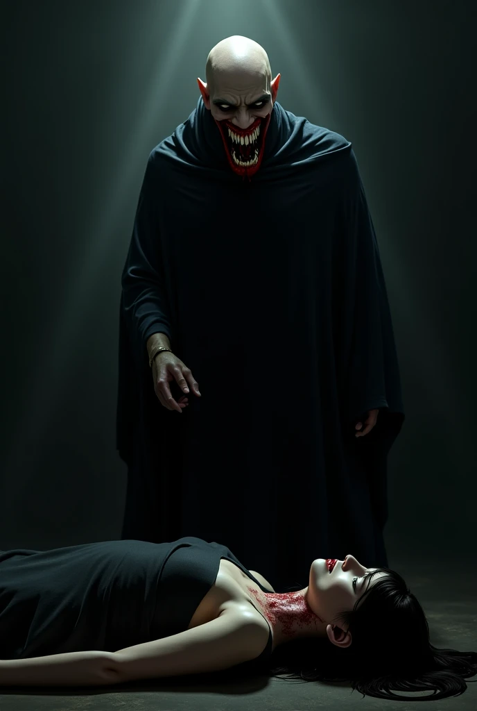 Slim bald man with black robe and sharp, bloody teeth, with a dead woman with teeth marks on her neck on the floor