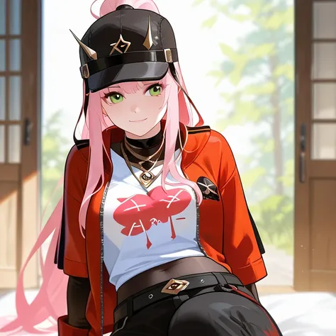 strong white woman with long straight pink hair tied back, Black sport cap with red details, green eyes and a slightly square shaped face, light smile, red jacket large and White long t-shirt and dark black bodystocking cropt a golden necklace on neck and ...