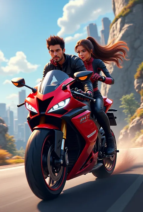 Animated image: Couple on a red and black motorcycle TEKKEN 250, 