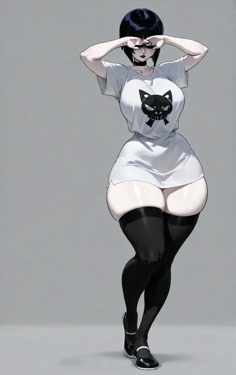 1girl,goth, fair skin, hair bangs covering her eyes, black lipstick, short bob hairstyle, large breasts, thick thighs, wide hips, oversized white t shirt, black thigh highs, flats shoes, standing up