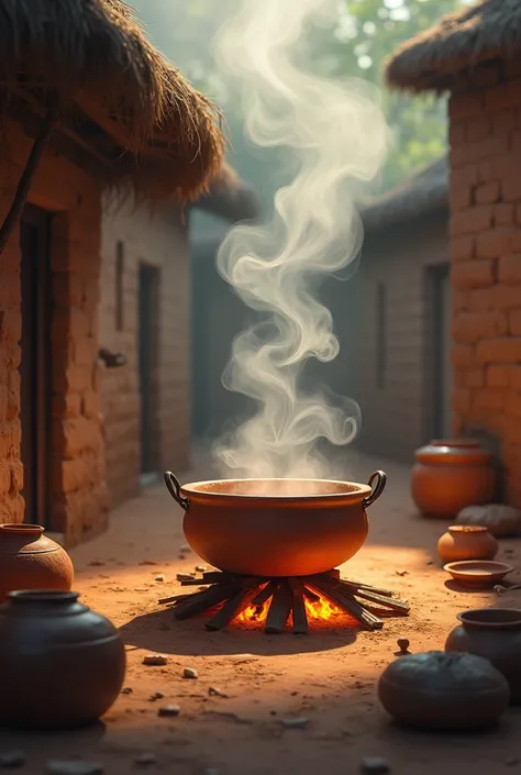 Smoke rises from the stove, and the handi smells fragrant 2d illustration and its a village scene