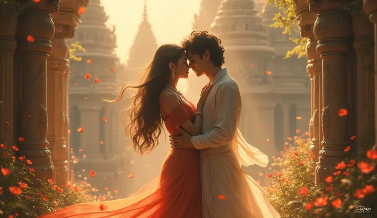 O my love, like Radha-Krishna’s sigh,
I send my soul across the sky,
Through scented groves and temple halls,
Where fate and passion heed love’s calls.