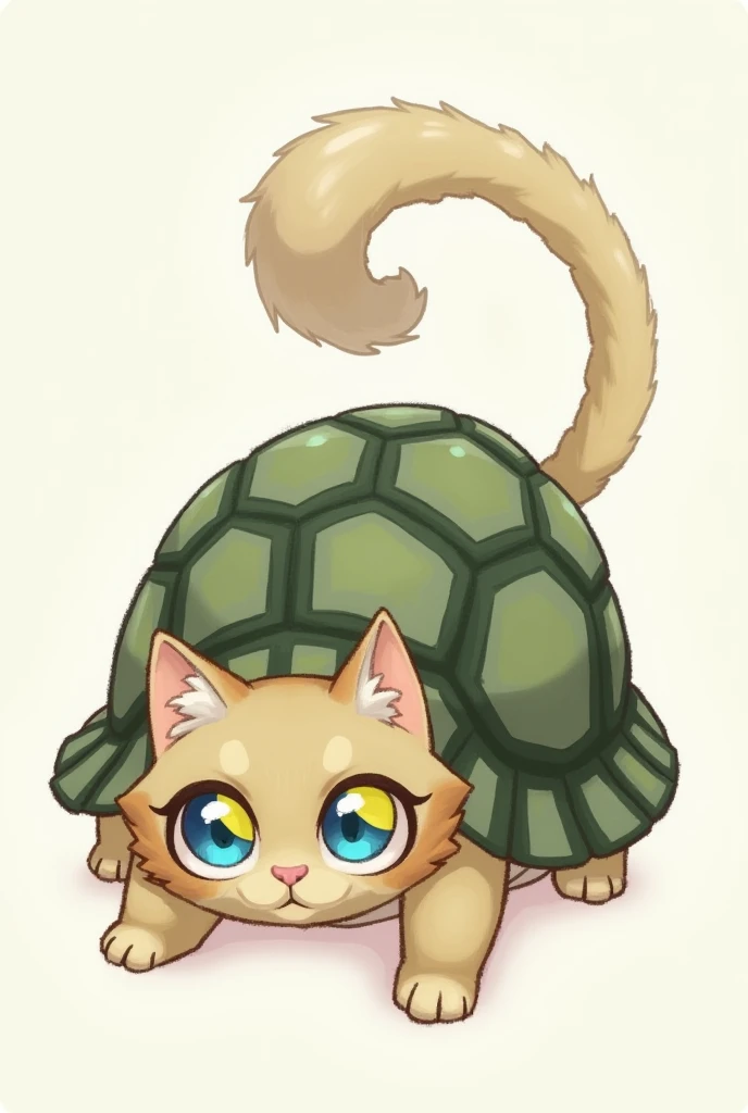 Draw a turtle with a blue and yellow eyed cat head with cat paws and tail