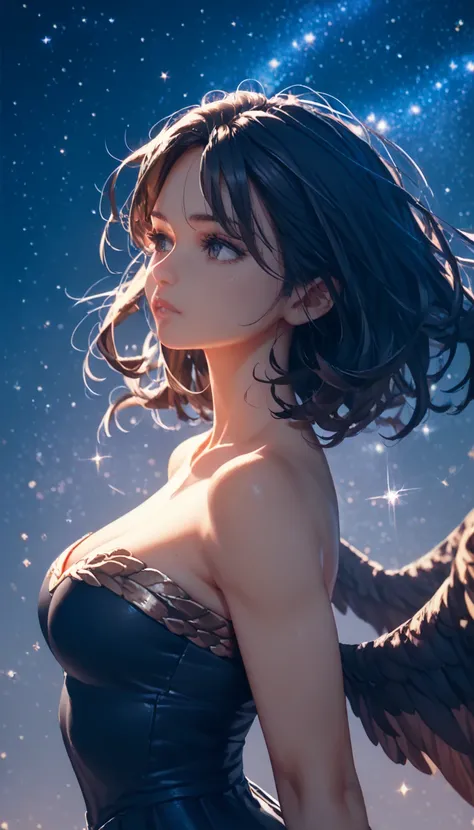 A beautiful valkyrie woman with a magical and ethereal design that evokes feelings of beauty, justice, kindness and starlight. She has dark hair like the night and beautiful wings. (dynamic angle, night and starry sky background, masterpiece, delicate deta...