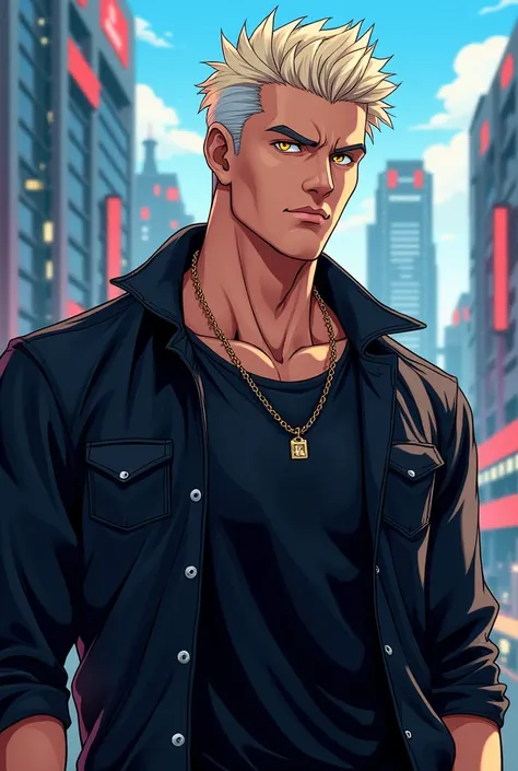 a mature man with platinum blonde hair,  gold-colored eyes,  fair skin , a black jacket,  necklace chain ,  black t-shirt ,  muscular physique,  with a city in the background, Anime Art.