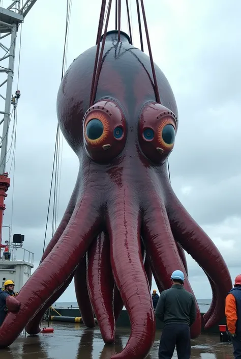 This image shows a massive sea creature being hoisted onto a boat using ropes and cranes. The creature has features resembling a giant squid or octopus, with large, wide-open eyes and multiple tentacles covered in suction cups. Its skin appears wet and shi...