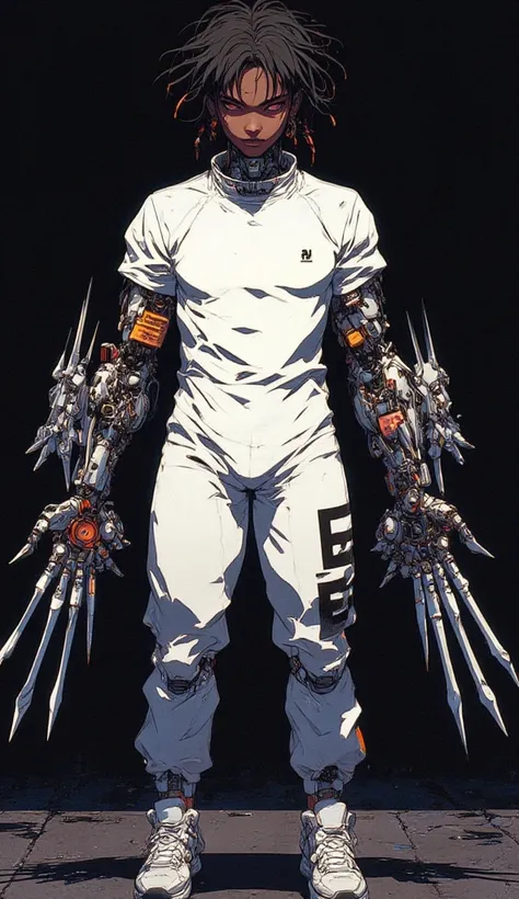 cyberpunk,cyberpunk anime,cyborg, long sharp blades that are incorporated into his arm’s circuitry are ejected from his forearms; a young African Boy cyborg, Cute small round shaped face, wild short dread locs, glowing red eyes, dark brown skin color,long ...