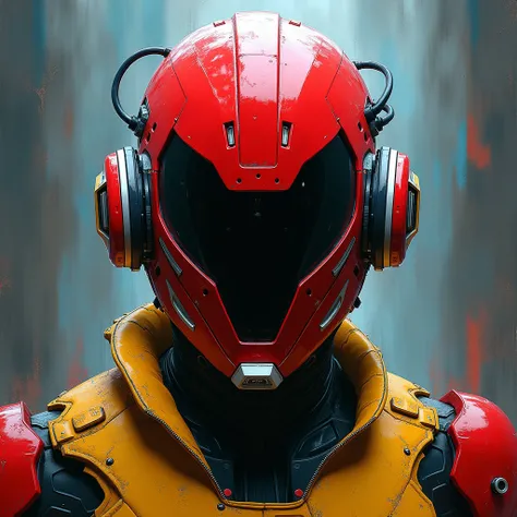 "Create a futuristic cybernetic helmet with a sleek, high-tech design in an expressionist painting style. The helmet is glossy red with bold yellow accents, featuring intricate black paneling and a symmetrical structure. It has two circular sensor-like ele...