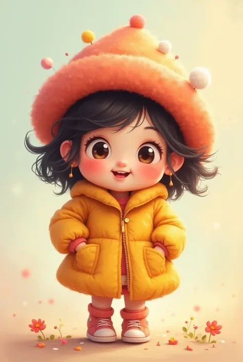 A cute cartoon girl with bubbly jacket on wearing a big hat 