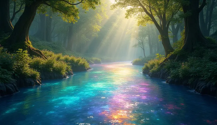 The Enchanted River - A vibrant river with rainbow-colored water flowing through the forest, reflecting the sunlight.