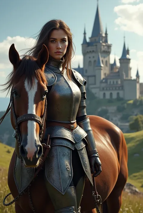 Young brunette woman, wearing medieval armor standing next to a horse with a castle in the background