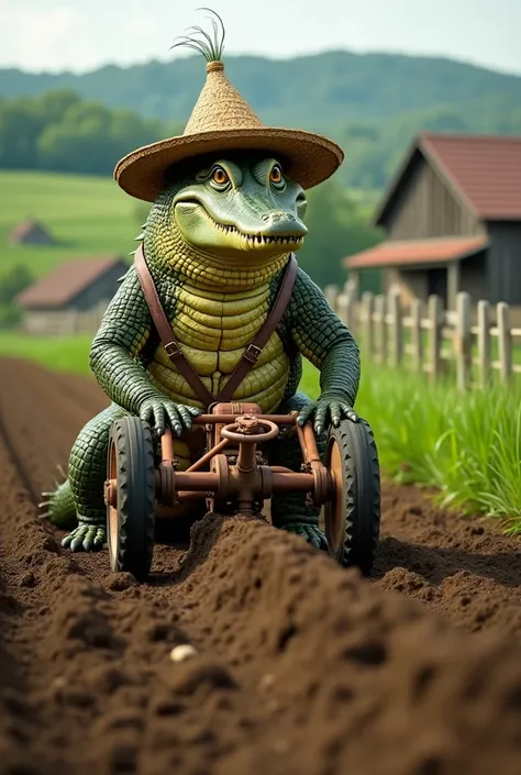 Wide angle photo Crocodile wearing peasant hat driving plow