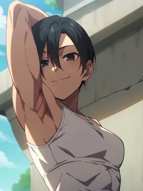 masterpiece, best quality, amazing quality, anime screencap, 1girl, solo, mikasaIL, short hair, hair between eyes, black hair,black eyes, strap, sleeveless, bare shoulders, bare arms, arm behind head, armpit, head towards viewer, looking at viewer, smile, ...