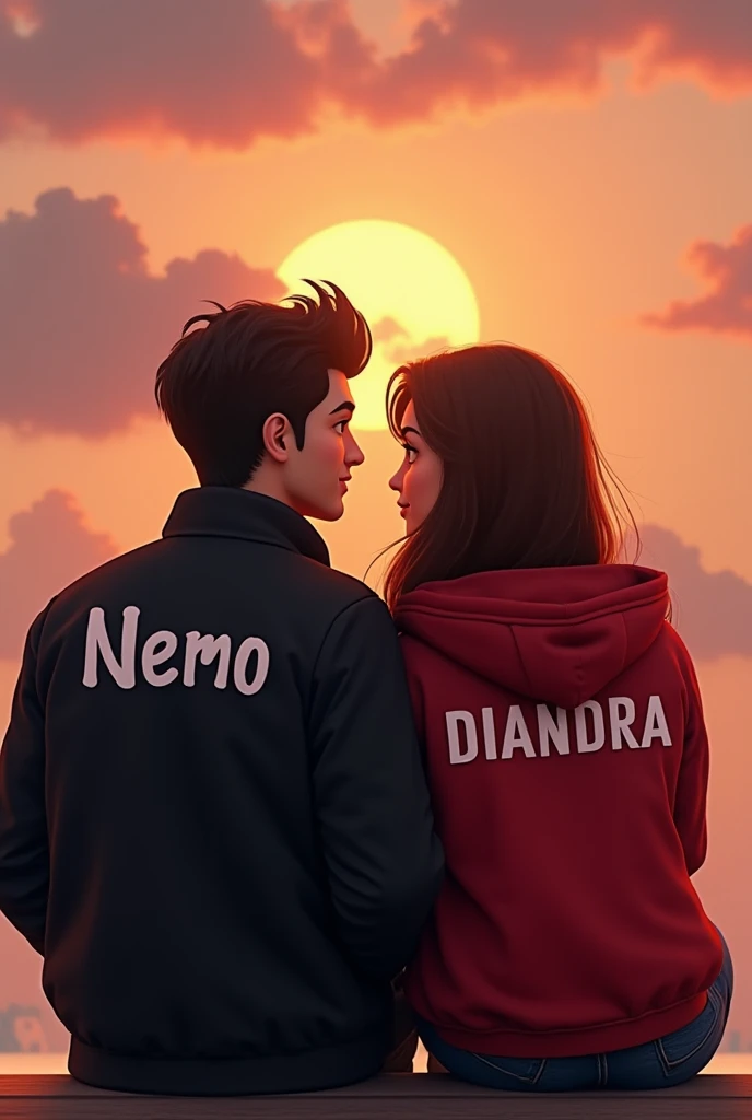  Create an animation of a couple sitting side by side with a man wearing a black jacket with the inscription "Nemo"  And a woman wearing a red jacket with the inscription  "DIANDRA "  with a romantic scene 