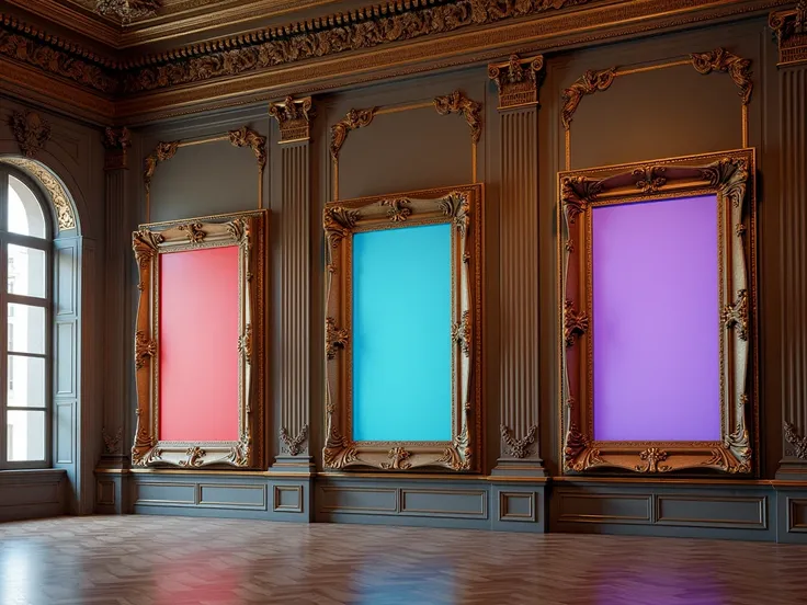 hyperrealistic image of the wall of a large Paris-style museum, full of antique frames 
and inside the canvases are chroma key