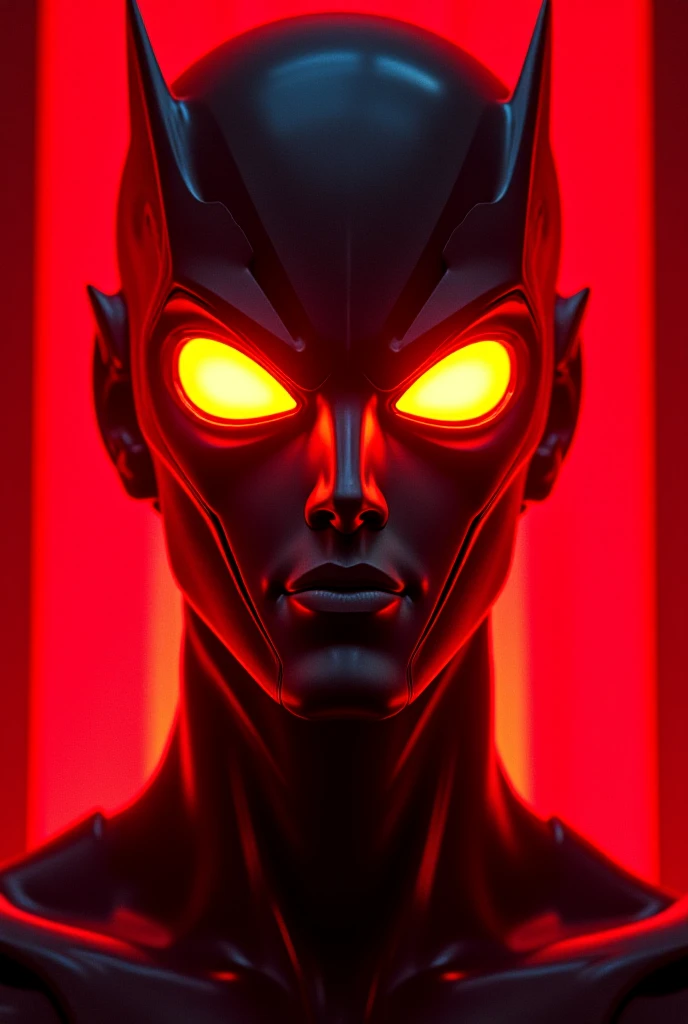 Guyver 1 bio boosted animated series with glowing eyes. Comic poster. Dark red neon background with glow goldeneye orange shockwaves. Image correction protocol is required. Cyberpunk glow head close-up image. High-quality ultra design. Golden neons. Add sp...