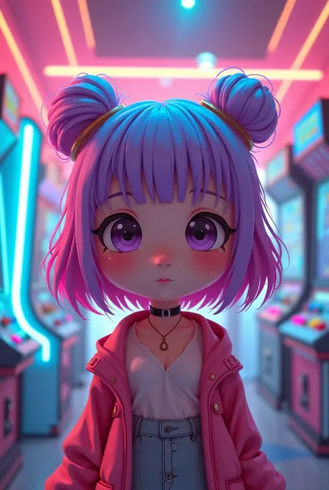  I want you to make a character in that style and use those colors, And her hair has to be big 

Arcade style , with pink colors, purple, blue, yellow  ( cyberpunk/retro) Small and cute anime