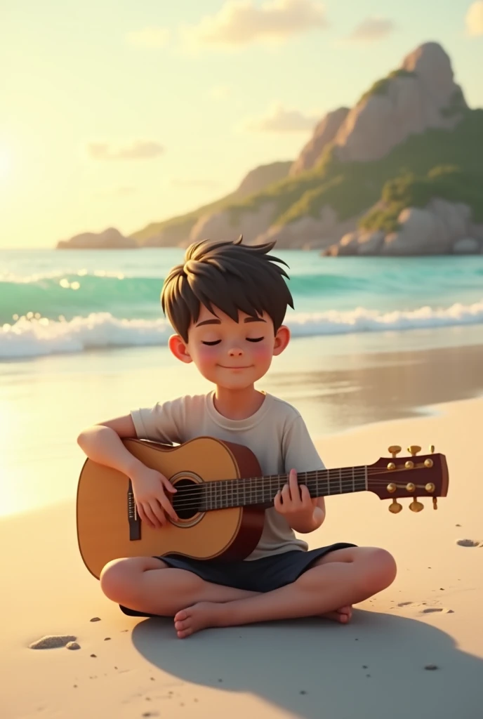 a boy sitting and using guitar in the beach