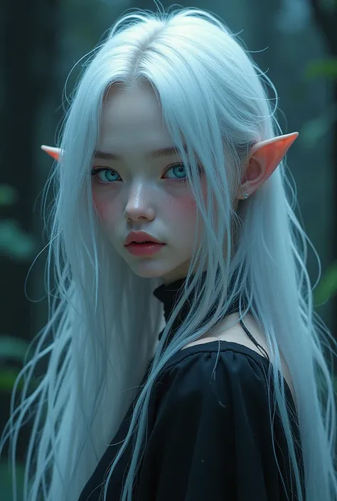 A 25-year-old woman, very long hair, albino, fair skin, some freckles and light blue eyes, vampire anime.