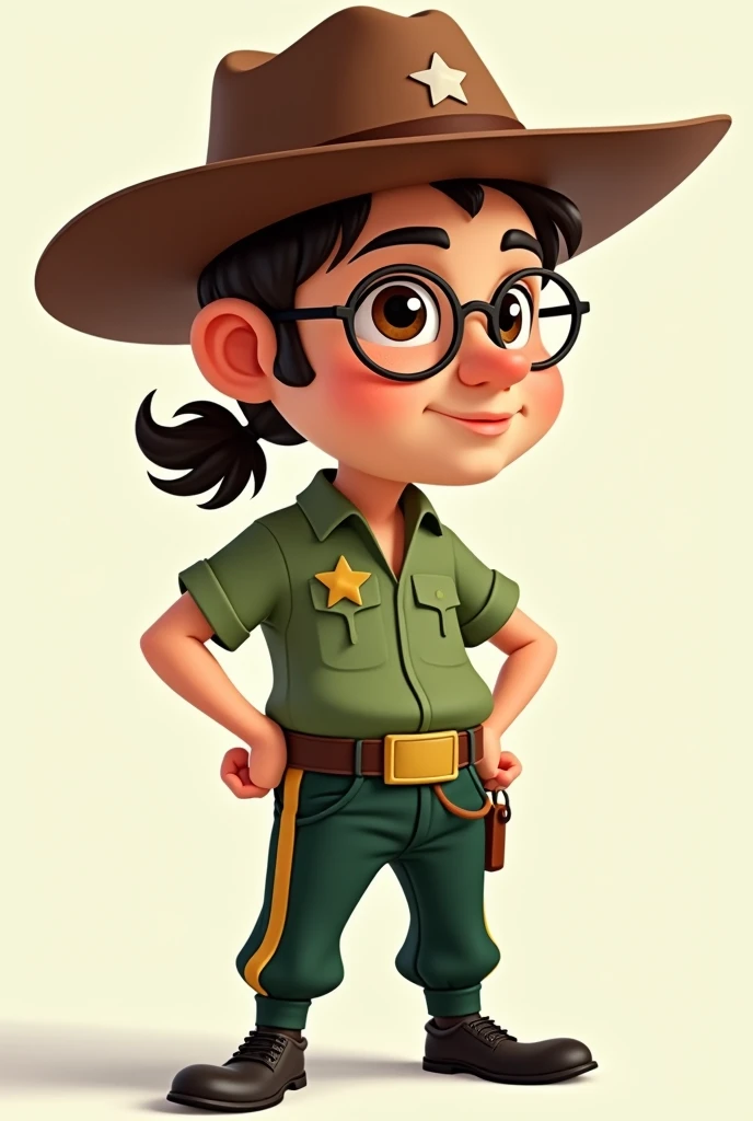  Lord Cartoon style , sheriff dress ,  opaque green t-shirt ,  darker green pants and yellow stripes on the side ,  black dress shoes ,  with brown sheriff's hat and a ponytail of hair stands out from the back,  a little cheeky with very large sideburns , ...