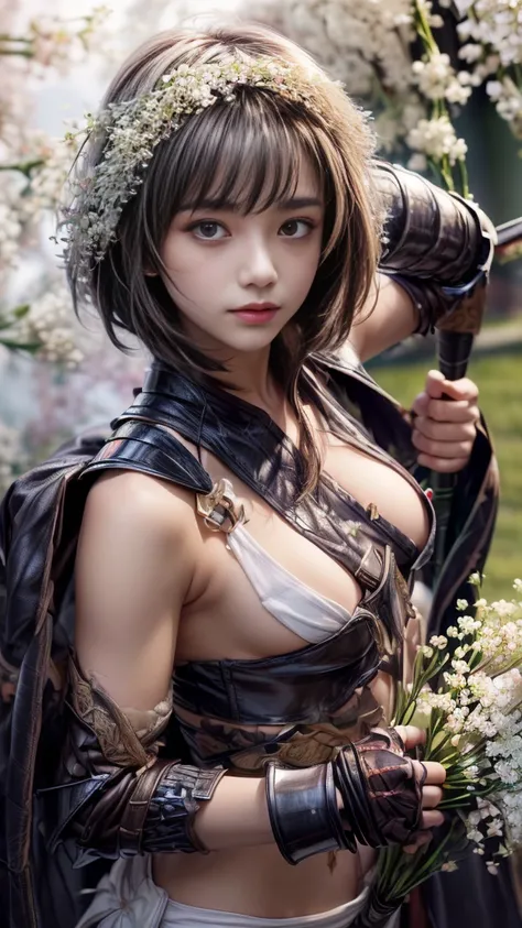  young woman,Oiran,warrior,((wielding a huge_weapon:1.8)) very detailedな, realistic,((seductive smile)),((upper body:1.6)), Brilliant Appearance , Creative Action,  extremely detailed, Imaginative,  sensual, spontaneous ,  top quality,  skin texture, ((ver...