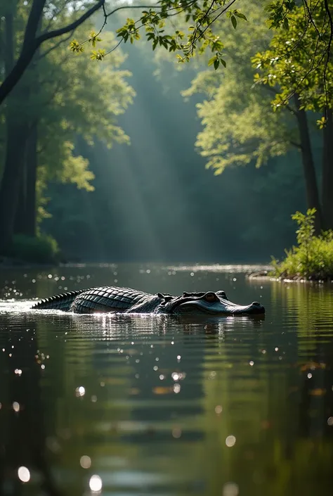 A crocodile glides silently through the calm waters of a secluded lake, its sleek body cutting through the surface with barely a ripple. The surrounding forest, dense and vibrant with tall trees and thick underbrush, provides a lush backdrop. Sunlight filt...