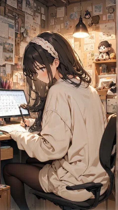  unclear(  TOP QUALITY、  Masterpiece、  high resolution)、((1 person)),(cute woman wearing white sweatshirt),one&#39;s home,Private room,Studying for exams,textbook,Notes, mechanical pencil sitting in the den,, plush toy,Hot Coffee,posters,cosmetics,Desk Cal...