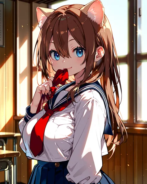  girl,  fit girl , score_9,  score_8_ up the side,  score_7_ up the side,  score_6_ up the side,  No posts, 1人の girl, Cat ears,  long hair, bangs,  blue eyes,  brown hair,  shirt,   hair between eyes, Big Breasts,  sailor suit, School_uniform,  tie,  white...