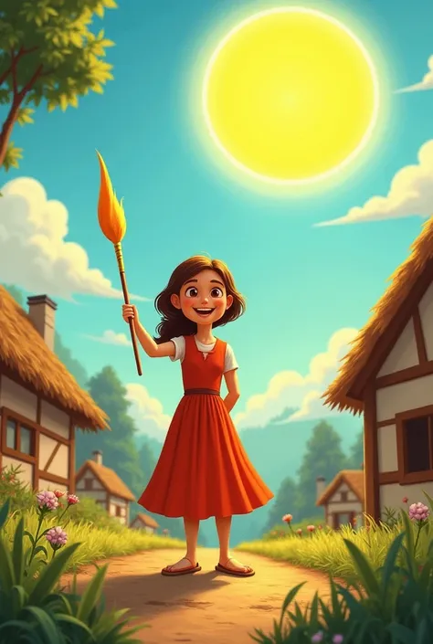 


7. Lily continuing to use her brush for good:
Lily stands happily in the village, using her magical paintbrush to help people. The villagers celebrate around her, and the sun shines brightly, symbolizing hope and kindness.