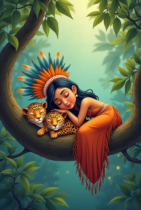  Cartoon of an indigenous woman with a headdress, dressed, Sleeping one on the branch of a tree together with two jaguar cubs 