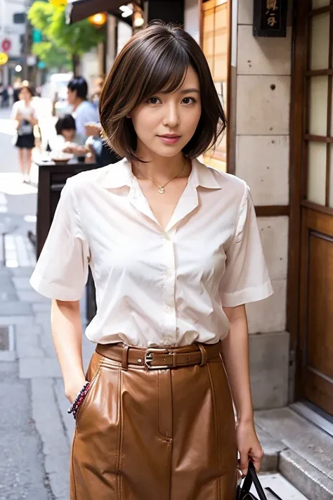 35-year-old Japanese woman with small breasts and short black hair、Open chest shirt and hot pants、 cafe