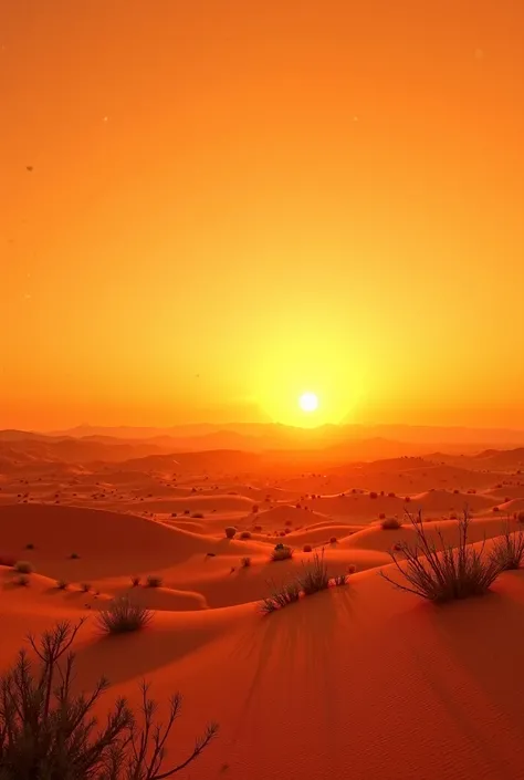  Wide desert landscape, orange sky at dusk .