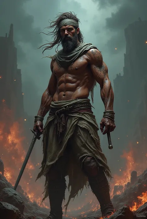 (( A wide angle ,sky view,))  ((((detail realistic a  man wearing torn ripped clothes , headband blown away  by the heavy wind. he is in standing stance. at  battle arena .egyptian sword ,thriller horror theme, dark night  ( (( clothes was badly torn and r...