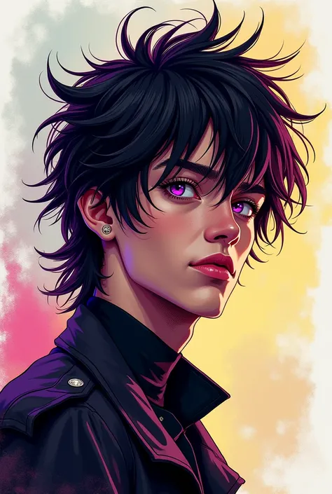 A portage of a rockstar male in his 20s with purple eyes and shaggy hair in a drawn art style 