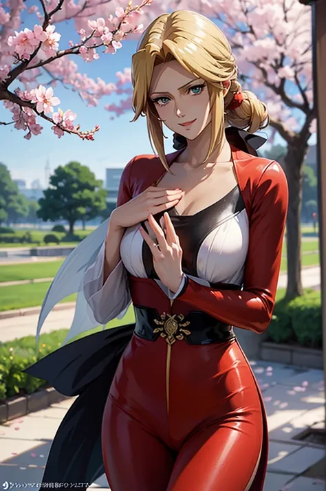  woman saluting , blonde, with long hair ,Very red lips,Big Ass, thin waist, long legs, with green eyes 8k ((  with a grinning smile,  face we want ), ,8k((  anime style,  good at depicting faces ,  anime style緑色の眼,  good at depicting faces :1.５)), Standin...