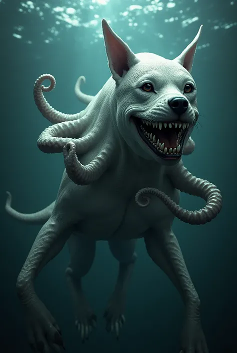 A dog combined with an octopus and a white shark 