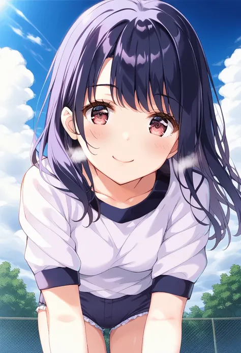 女の子が立っている facing forward Show the whole body ( school ground ,noon, cloudy sky) school gym clothes,school gym buruma ( bloomers)　青色の bloomers1:5 Tuck the hem of your shirt into your bloomers 美しいアニメ風ポートレート　 Detailed Portrait of a Beautiful Girl in Anime Sty...