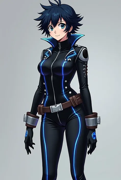  heroine costume from my hero Academia black , with dark blue and silver . Jacket with silver details. Skinny black pants with bright blue details .  Heeled combat boots .  black gloves with blue lines 