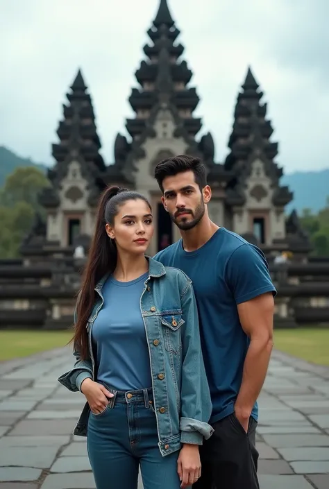 a cubby woman long ponytale black hair, looking at camera, wearing blue t-shirt levi's jacket long trousers clothes, he was standing behind corvette car vehicle with a young muscle man short black hair side him for pose stylish, natural, sweetly smile, bea...