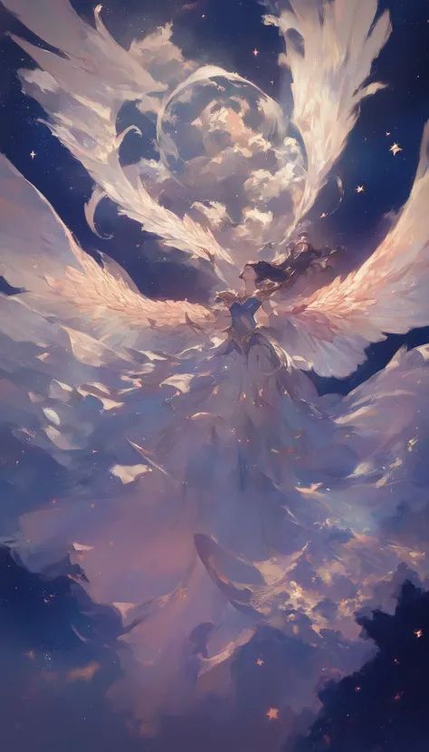 A beautiful valkyrie woman with a magical and ethereal design that evokes feelings of beauty, justice, kindness and starlight. She has dark hair like the night and beautiful wings. (dynamic angle, night and starry sky background, masterpiece, delicate deta...